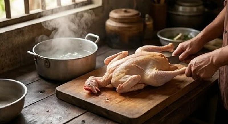 Quá trình sơ chế và làm sạch lông gà bằng nước nóng trong không gian bếp truyền thống