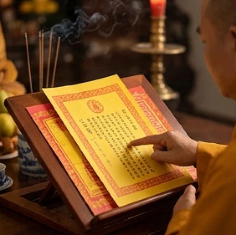 Nhà sư đang cầm tờ sớ viết bằng chữ Hán trên nền giấy điệp màu vàng để tuyên đọc trong một đại lễ tâm linh