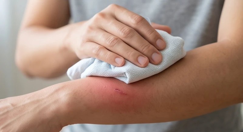 Khăn bọc đá lạnh được áp nhẹ lên vết thương sưng đỏ trên cánh tay để sơ cứu khẩn cấp khi bị ong đốt