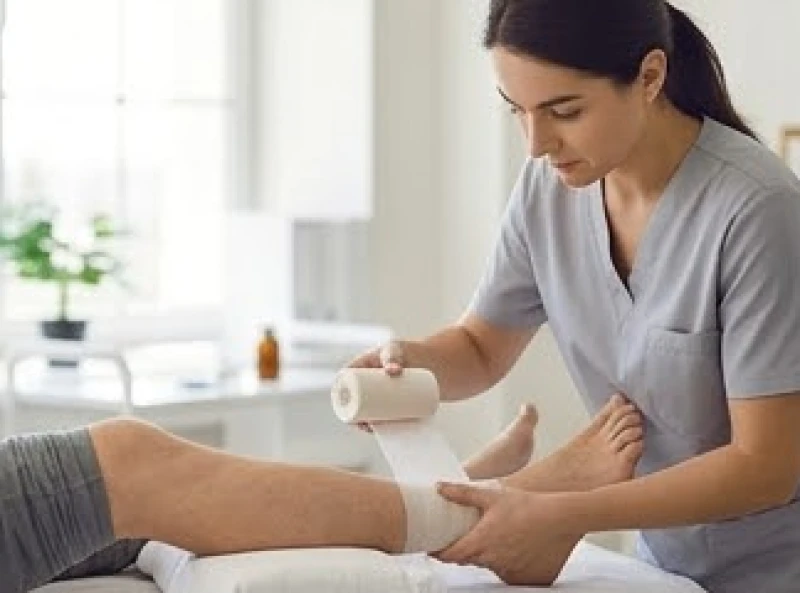 Bị rắn cắn là điềm gì: Giải mã hên xui và cách hóa giải 3 Nhân viên y tế đang cẩn thận kiểm tra và băng bó vết thương trên bắp chân cho một bệnh nhân tại trạm xá