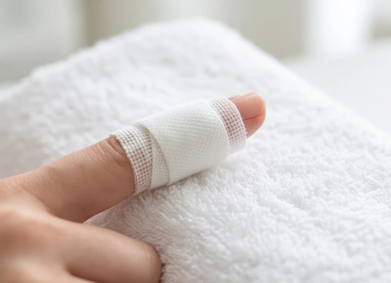 Băng gạc y tế được quấn nhẹ quanh đầu ngón tay bị gãy móng sâu rỉ máu để ngăn ngừa bụi bẩn và vi khuẩn xâm nhập
