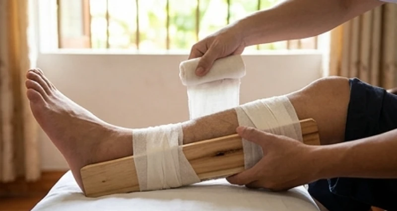Người sơ cứu dùng hai thanh nẹp gỗ và dải băng vải để cố định vùng chân bị thương