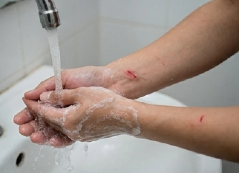 Rửa sạch vết thương do rết cắn dưới vòi nước chảy liên tục với bọt xà phòng diệt khuẩn