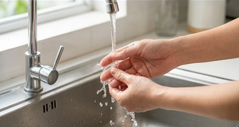 Xả nhẹ vòi nước sạch để rửa trôi bụi bẩn trên ngón tay bị xước trước khi tiến hành băng bó y tế.