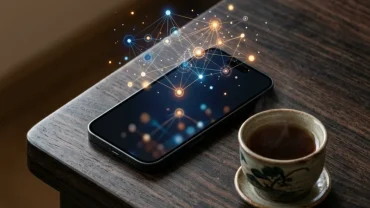 Điện thoại thông minh hiển thị bảng số điện thoại hợp phong thủy tuổi dậu đặt trên bàn làm việc bằng gỗ kiểu Việt