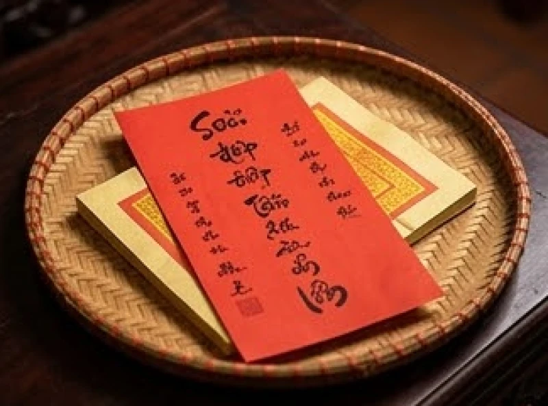 Tờ sớ điệp màu đỏ rực rỡ được viết tỉ mỉ trước khi đem đi hóa vàng để gửi lời tấu trình