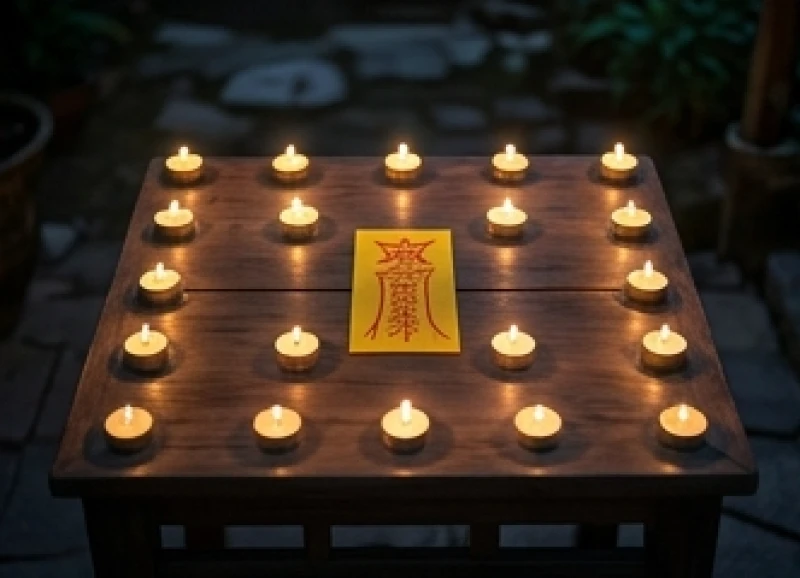Tử vi tuổi Kỷ Hợi 1959 năm 2026: Lịch 12 tháng và mâm cúng sao 10 Trận đồ 12 ngọn nến sáng rực được xếp cẩn thận trên bàn lễ cúng nghênh đón sao Thái Dương