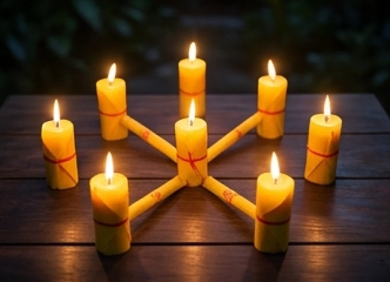 Bảy ngọn nến quấn giấy vàng được xếp theo sơ đồ chòm sao Thái Âm để nghênh đón cát khí