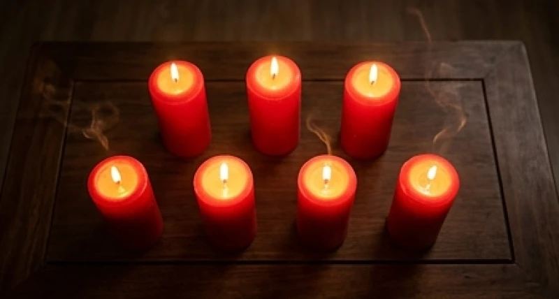Văn khấn sao Thủy Diệu: Sơ đồ 7 ngọn nến, ngày giờ và bài cúng 6 Bảy ngọn nến đỏ được xếp thành hai hàng 3 và 4 trên bàn cúng sao Thủy Diệu