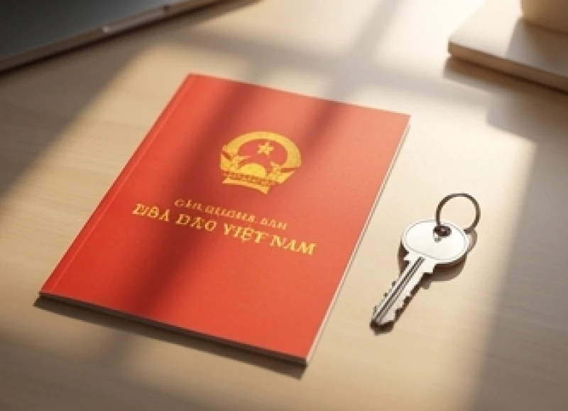 Giấy chứng nhận quyền sử dụng đất nguyên vẹn đặt cạnh chiếc chìa khóa nhà