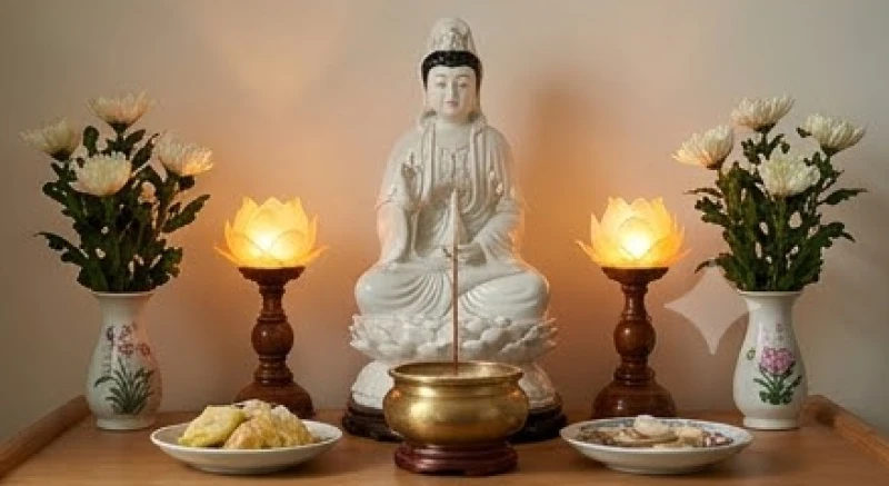 Bố cục bàn thờ Quan Thế Âm Bồ Tát được sắp xếp đối xứng với tượng Phật ở giữa và đèn hoa hai bên