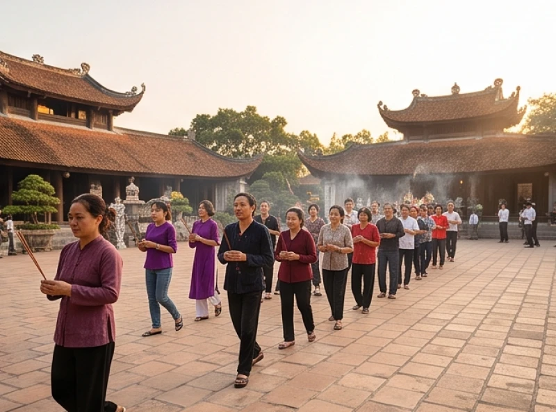 Người dân xếp hàng trang nghiêm thực hiện nghi thức dâng hương theo đúng luồng tuyến từ ngoài vào trong