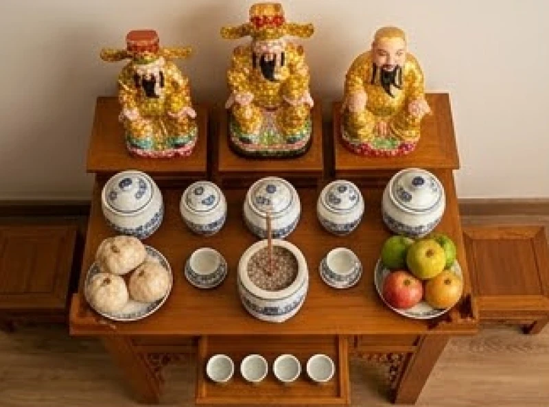Cách bài trí bàn thờ Thần Tài cho tuổi Mão: sơ đồ chi tiết 1 Sơ đồ 5 lớp vật phẩm trên bàn thờ Thần Tài Thổ Địa theo chuẩn phong thủy