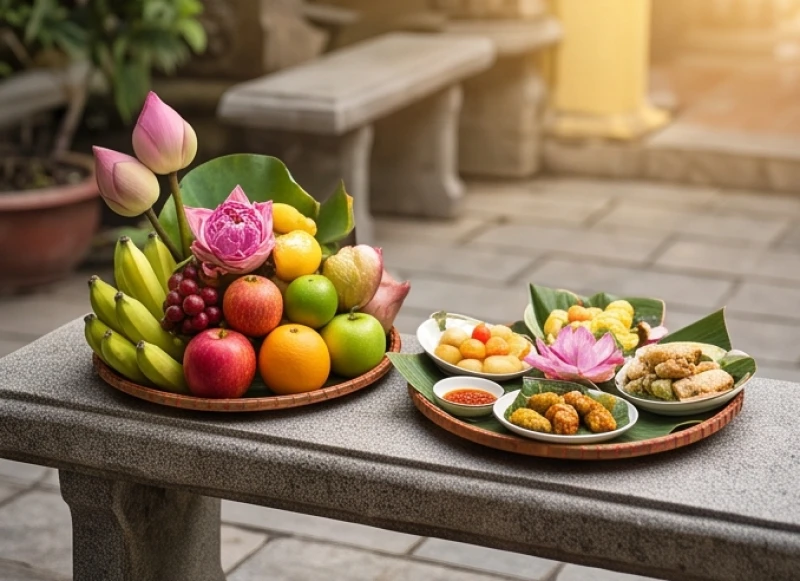 Văn khấn Đức Thánh Hiền tại chùa: Bài cúng chuẩn và sắm lễ chay 7 Hai mâm đồ cúng riêng biệt gồm mâm mặn và mâm chay được chuẩn bị trước khi vào các gian thờ khác nhau