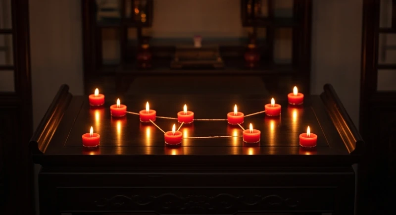 Những ngọn nến đỏ được thắp sáng lung linh, xếp theo sơ đồ chòm sao để thực hiện nghi thức giải hạn