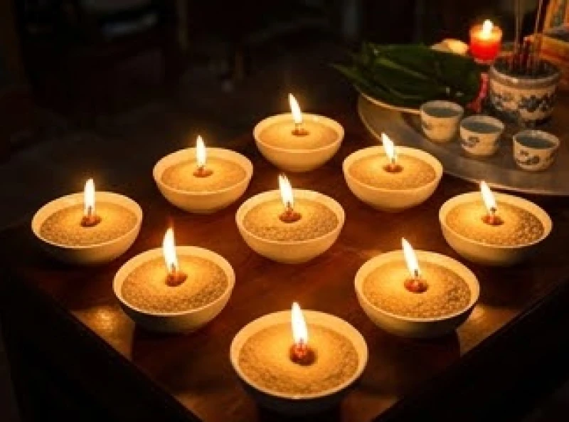 Văn khấn cúng sao giải hạn tại nhà: Sơ đồ nến, bài vị & mâm lễ 7 Những ngọn nến nhỏ được xếp thành đội hình cân xứng và thắp sáng lung linh xung quanh bài vị