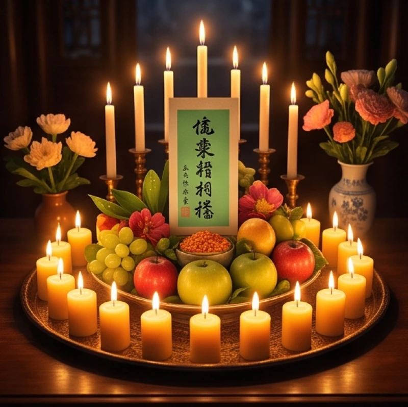 Hai mươi ngọn nến được cắm ngay ngắn trên mâm lễ vật chay thanh tịnh