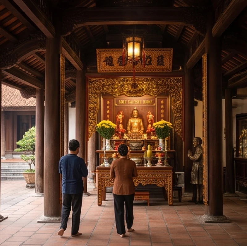 Người hành lễ tuần tự thắp hương từ ban Công Đồng Tứ Phủ trước khi tiến vào ban thờ chính