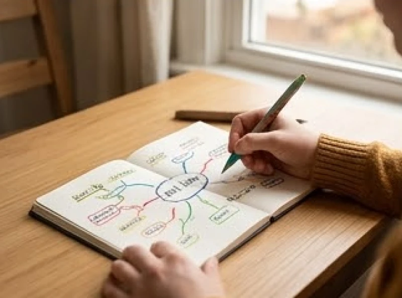 Một người đang vẽ sơ đồ tư duy trên sổ tay để ghi nhớ nhanh các từ khóa quan trọng