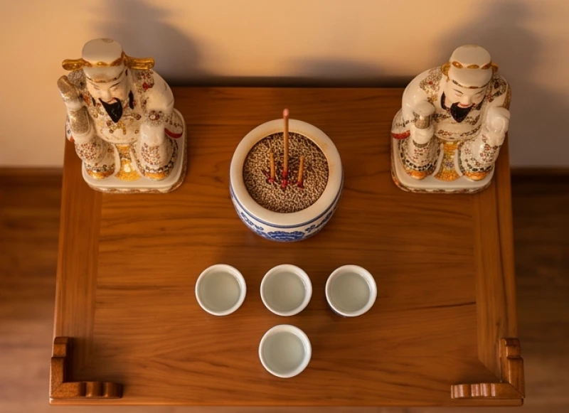 Sơ đồ sắp xếp các vật phẩm thờ cúng chuẩn mực với bát hương ở trung tâm và các hũ chóe bao quanh