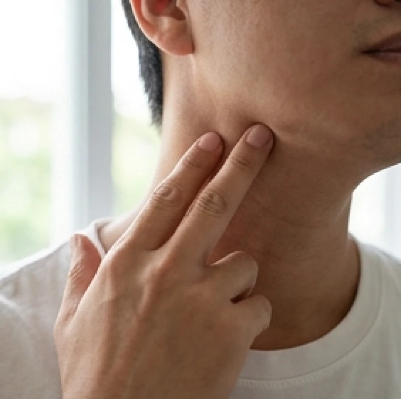 Bàn tay nhẹ nhàng ấn vào vùng cổ để tự kiểm tra các hạch bạch huyết đang sưng to không gây đau đớn