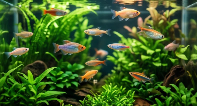 Bể cá phong thủy tuổi Dậu: Bảng tra nạp âm và cách hóa giải 2 Đàn cá cảnh bơi lội tung tăng trong bể thủy sinh đại diện cho sự cân bằng số lượng theo nạp âm