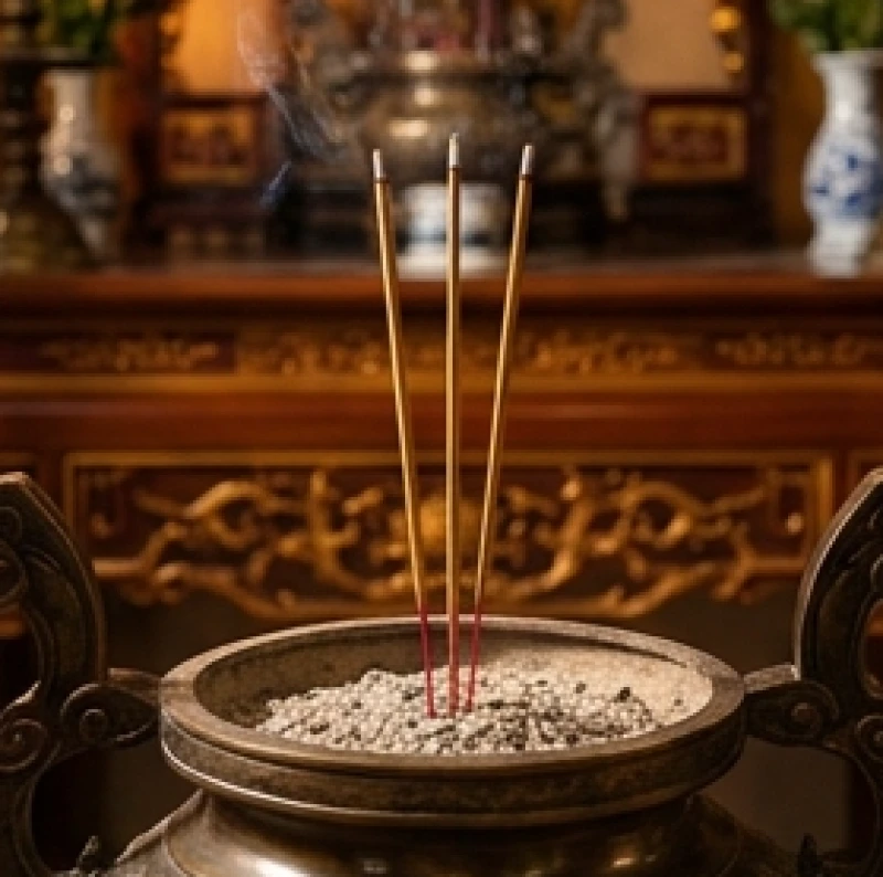 Văn khấn đình làng ngày rằm: Bài cúng ngày Vọng & trình tự chuẩn 6 Ba nén nhang cháy sáng rực rỡ được cắm ngay ngắn giữa lư hương tại ban thờ trung tâm của đình