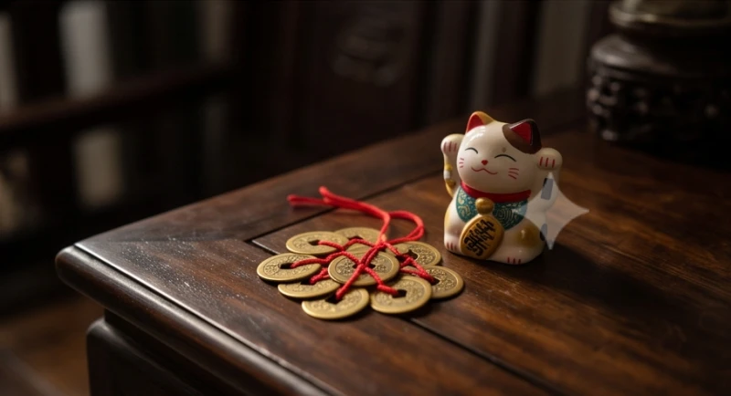 Mơ thấy nuôi mèo là điềm gì? Giải mã điềm báo và con số tài lộc 8 Những đồng xu may mắn đặt cạnh bức tượng mèo thần tài bằng gốm sứ