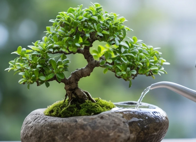 Tuổi Tỵ hợp số nào: Tra cứu ngũ hành và quy tắc chọn vị trí 4 Chậu cây bonsai xanh tốt mọc lên từ phiến đá được tưới đẫm nước đại diện cho quy luật Thủy sinh Mộc