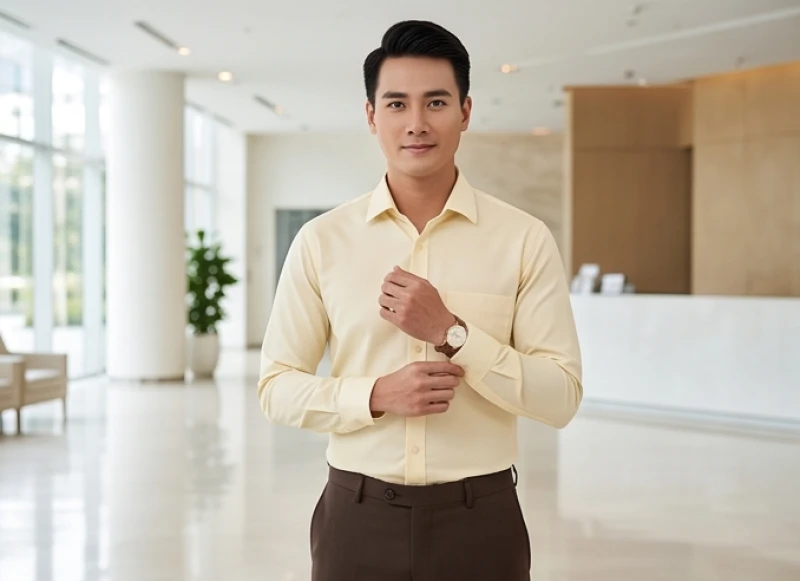 Màu trang phục hợp tuổi Tỵ: Phối đồ 60-30-10 và mẹo hóa giải 8 Nam giới công sở chọn áo sơ mi màu vàng nhạt phối cùng quần âu nâu trầm tạo sự tin cậy