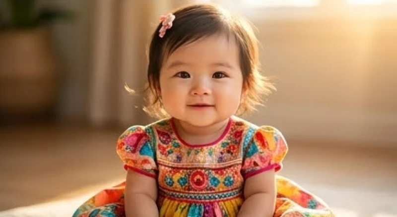Em bé gái đáng yêu mặc chiếc váy rực rỡ tượng trưng cho vận may tài lộc bất ngờ gõ cửa