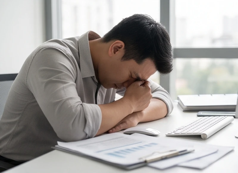 Mơ thấy công việc không thuận lợi: Điềm báo và số đẹp 1 Chàng trai gục đầu xuống bàn làm việc thể hiện sự bế tắc trong các dự án văn phòng