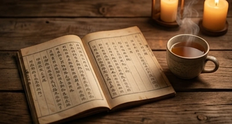 Cuốn sổ tay cổ kính ghi chép những điềm báo dân gian được đặt trên bàn gỗ bên cạnh tách trà ấm
