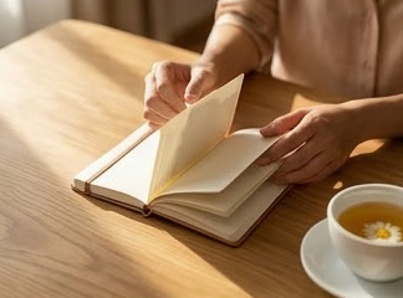 Người phụ nữ lật mở một cuốn sổ tay nhỏ bên ly trà ấm, tìm kiếm định hướng bình yên sau giấc chiêm bao