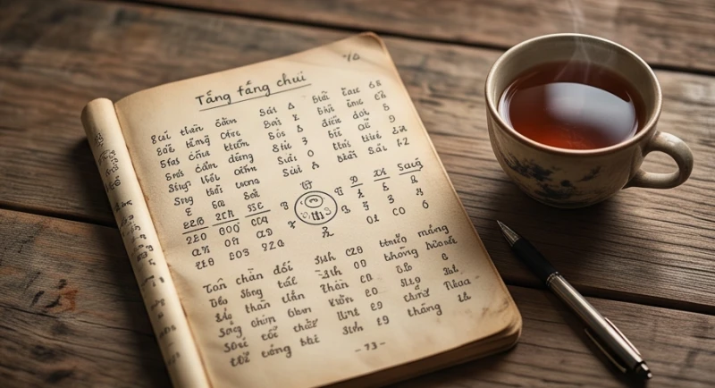 Cuốn sổ tay ghi chú các con số phong thủy được đặt ngay ngắn cạnh tách trà nóng trên mặt bàn gỗ