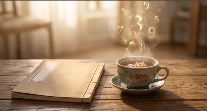 Mơ thấy người bệnh khỏe lại: Ý nghĩa điềm báo & bộ số may mắn 6 Cuốn sổ ghi chép bìa lụa truyền thống đặt trên bàn gỗ cùng một tách trà sen nghi ngút khói