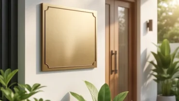 Biển số nhà hợp tuổi thân bằng đồng treo trước hiên nhà hiện đại với ánh sáng ấm áp