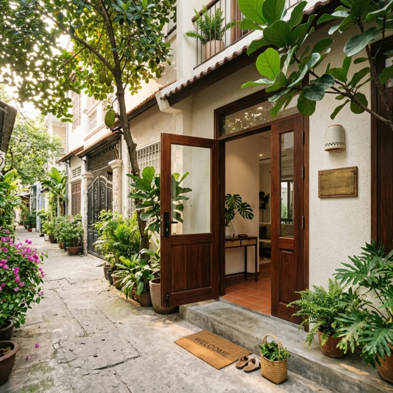 Số nhà hợp tuổi Sửu: Cách tính cộng dồn và hóa giải tương khắc 3 Cánh cửa chính của một ngôi nhà trong ngõ với bảng số nhà rõ nét