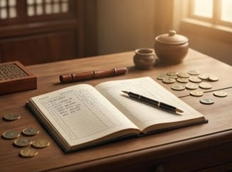 Một cuốn sổ tay ghi chép chi tiêu và máy tính nhỏ được sắp xếp gọn gàng trên bàn làm việc tĩnh lặng