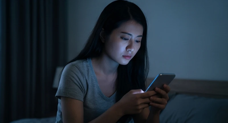 Phụ nữ buồn bã nhìn chằm chằm vào màn hình điện thoại sáng rực khi đang lướt mạng xã hội