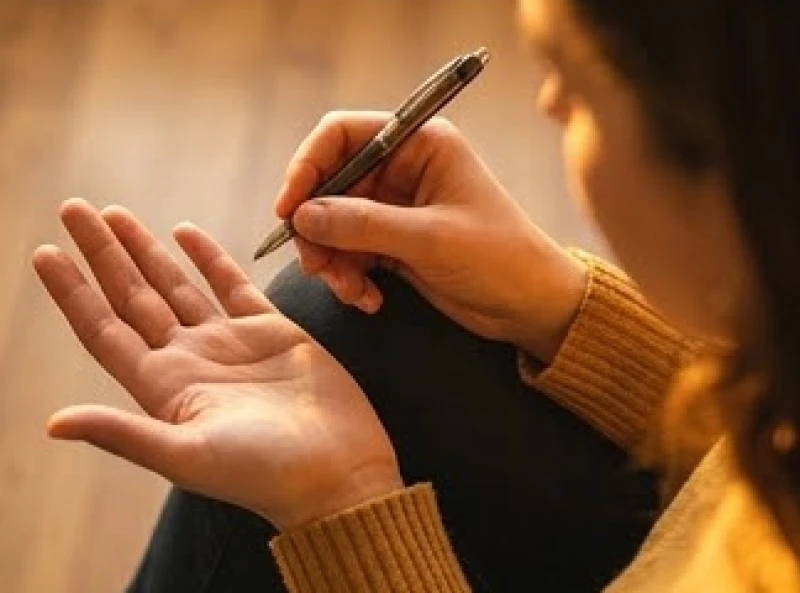 Một tay đang cầm bút viết trong khi lòng bàn tay kia mở ra để quan sát đường chỉ