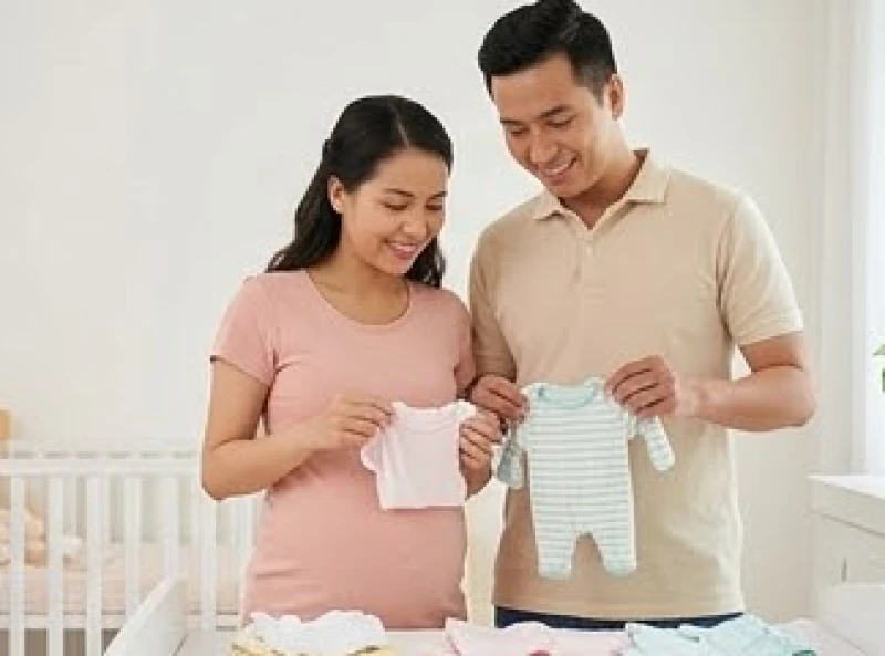 Cặp đôi đang chăm chú xem xét những món đồ sơ sinh nhỏ nhắn và dễ thương