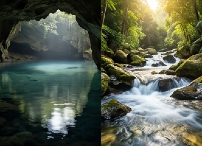 Mạch nước ngầm róc rách sâu trong hang động đối lập với dòng suối lớn đổ ào ạt trên sườn núi tràn đầy sức sống
