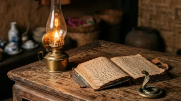 Hình ảnh đèn dầu Phú Đăng Hỏa và sách tử vi giúp so sánh vận mệnh ất tỵ nam nữ mạng