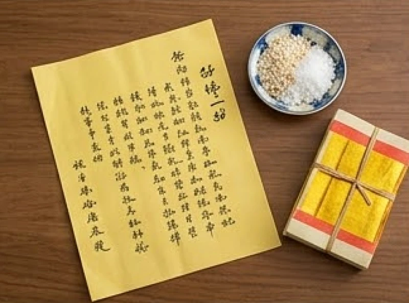 Tờ sớ tạ đất đặt cạnh đĩa muối gạo trắng và tập tiền vàng mã ngũ phương trên mâm cúng