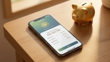 Điện thoại thông minh hiển thị dãy số tài khoản ngân hàng hợp tuổi hợi bên cạnh bức tượng heo vàng phong thủy