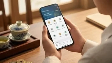 Chủ doanh nghiệp đang thao tác chọn số tài khoản ngân hàng hợp tuổi tỵ trên điện thoại