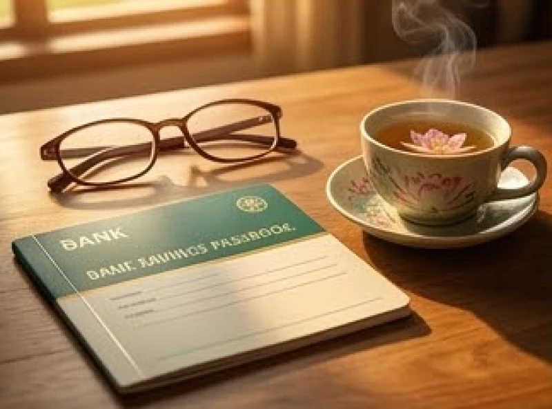 Cuốn sổ tiết kiệm đặt cạnh cặp kính lão và một tách trà sen nóng hổi trên bàn làm việc