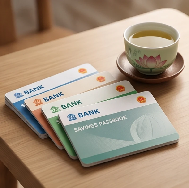 Những cuốn sổ tiết kiệm ngân hàng được sắp xếp ngăn nắp bên cạnh một tách trà sen