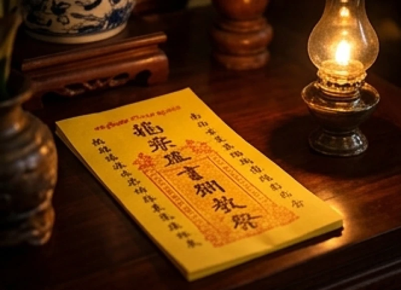 Tờ sớ trình màu vàng được viết nắn nót chữ Hán Nôm đặt cạnh nén hương đang cháy đượm